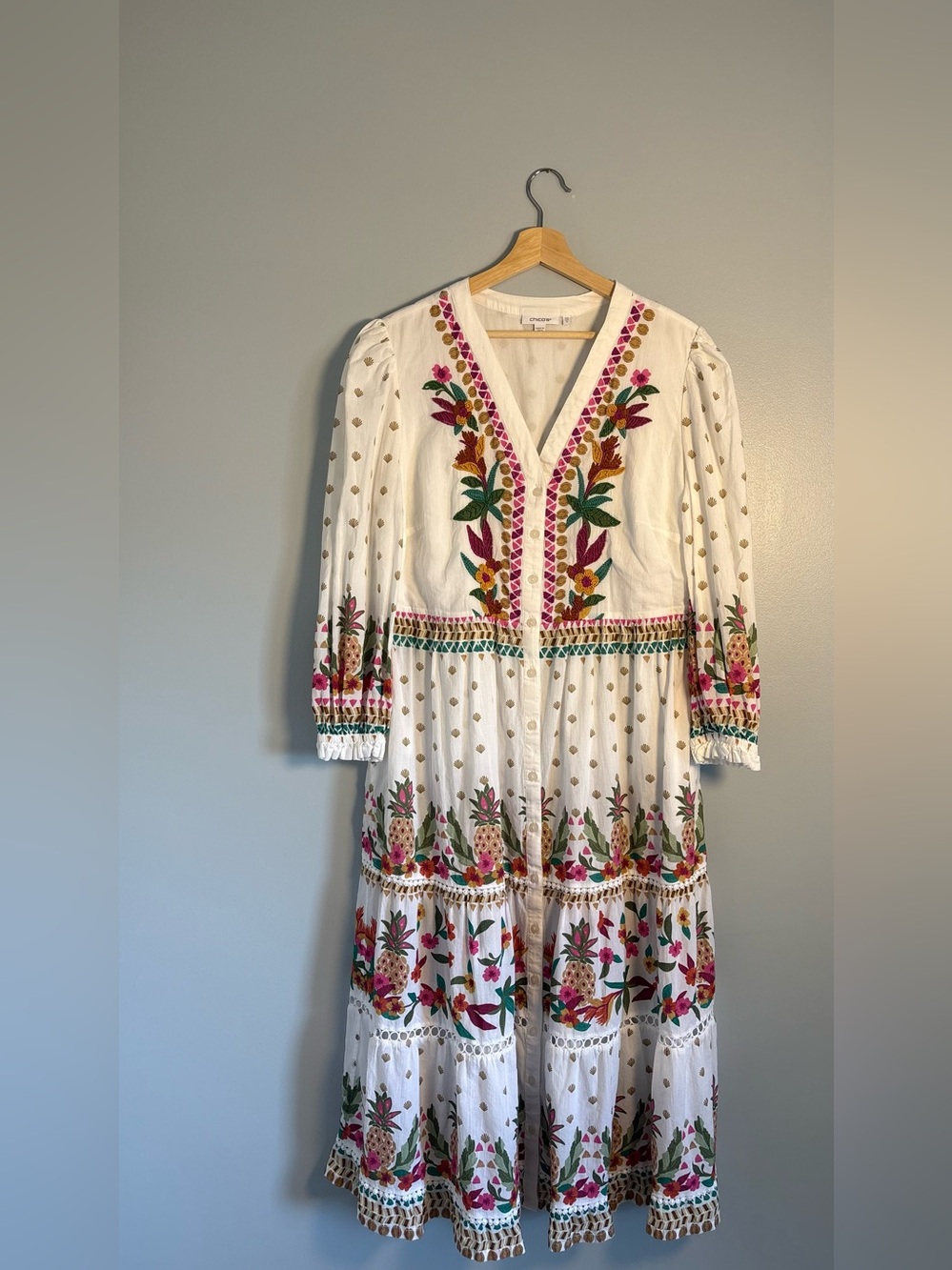 Chico's Embroidered Pineapple Floral Tiered Maxi Dress White US 14 (pockets!)